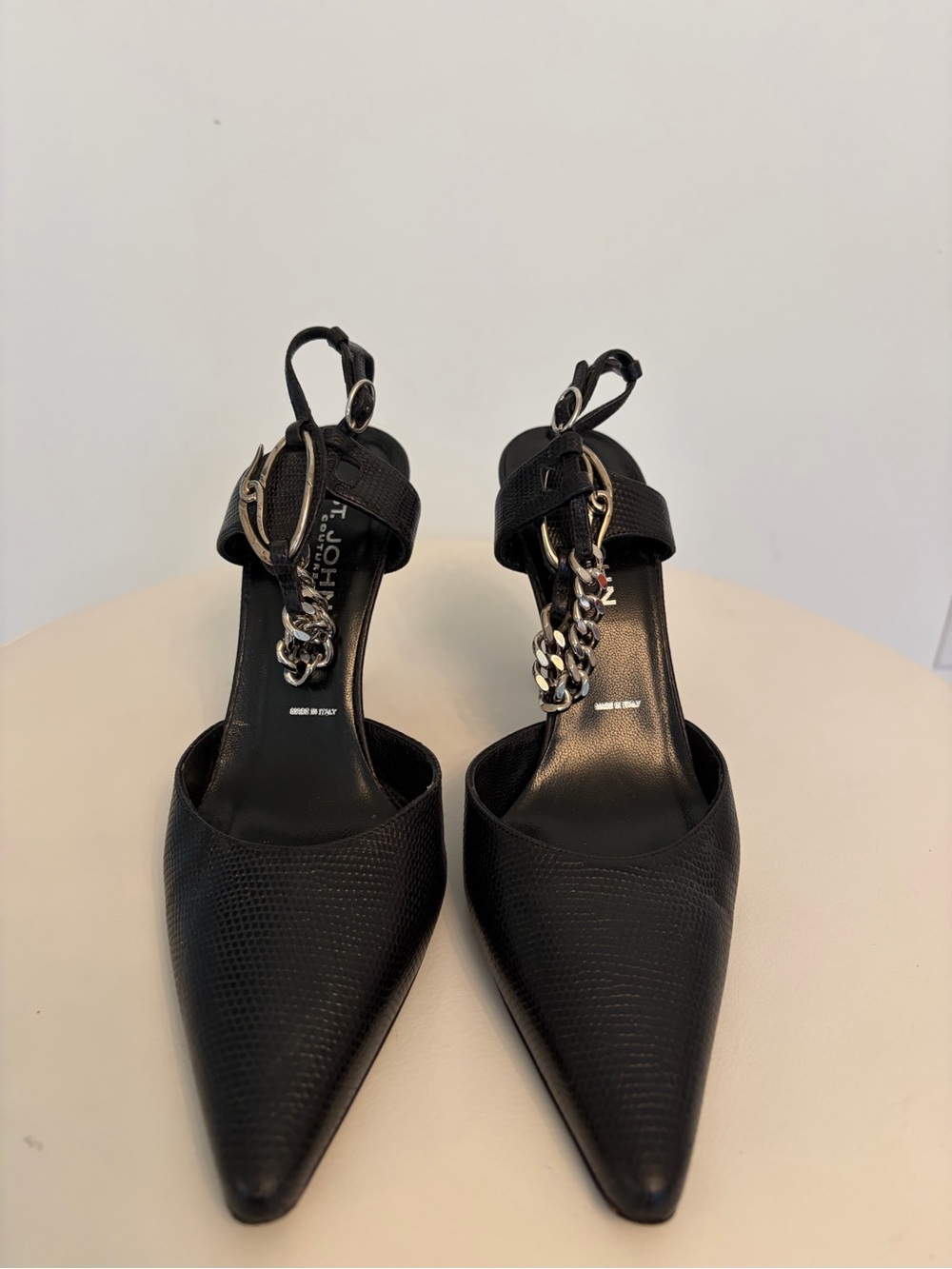 St. John Couture Black Pointed Slingback Heels with Chain Accent